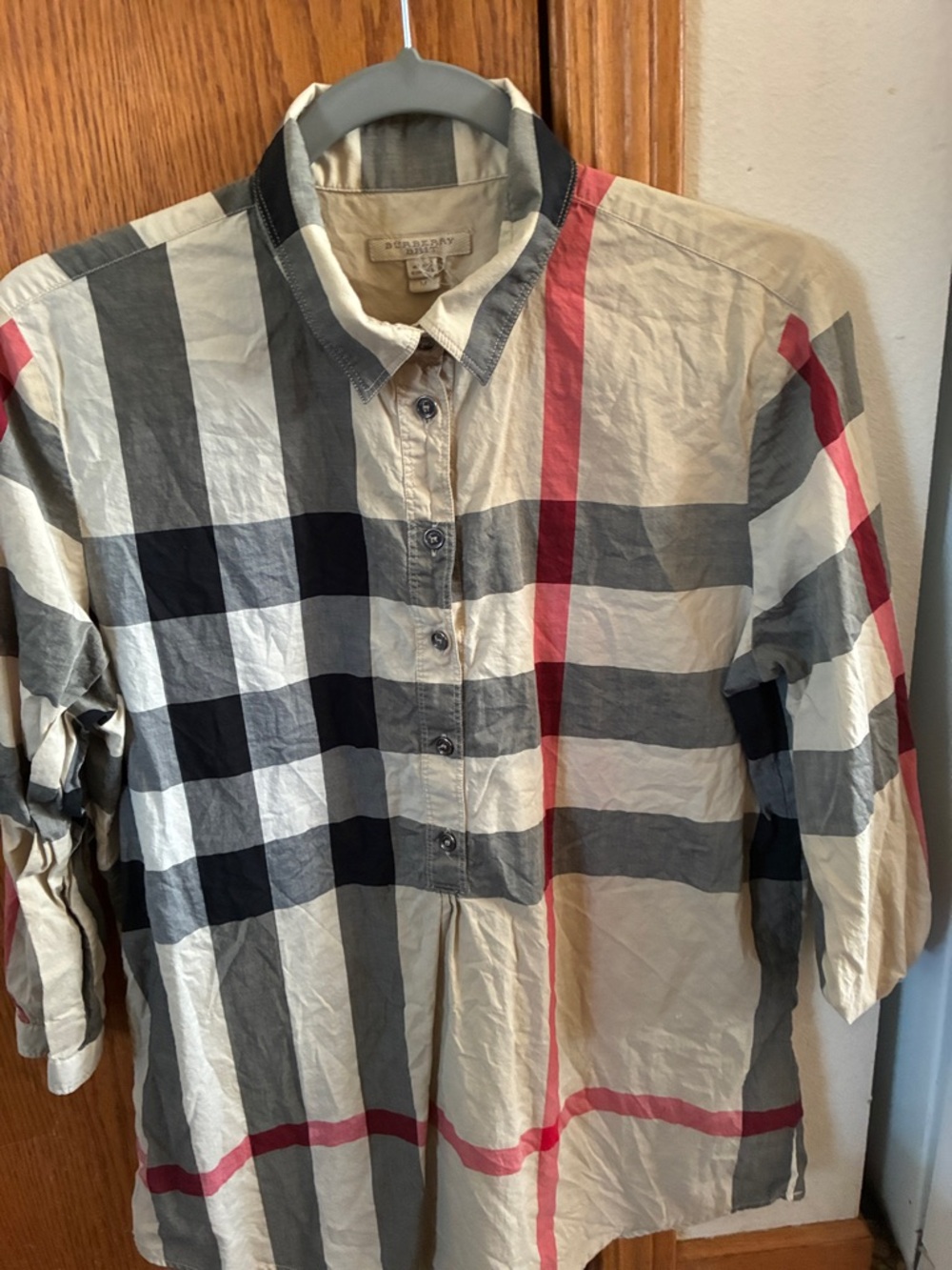 Burberry womens Plaid Button-Down Shirt in Beige, Gray & Red